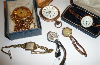Lot 52 - Four lady's wristwatches, one lady's fob watch (stamped 18k) on chain and a full hunter pocket...