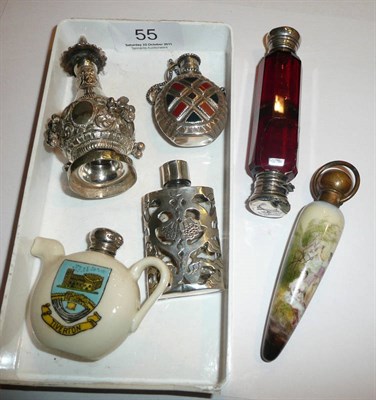 Lot 55 - Six scent bottles including: Tiverton commemorative ware teapot shaped scent bottle with silver...