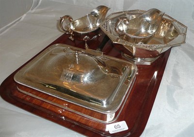 Lot 65 - Two white metal sauce boats, asparagus serving dish and a Mappin & Webb bowl