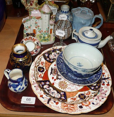 Lot 66 - A tray of decorative ceramics including Imari, Staffordshire and a Venetian drinking glass