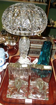 Lot 67 - A cut glass mushroom lamp, a pair of moulded glass book ends and blue glass vase