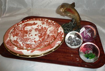 Lot 69 - Derby plate, two others, Beswick Trout and three Caithness paperweights