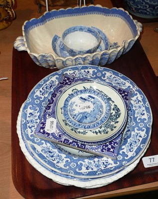 Lot 77 - Liverpool saucer, four Staffordshire blue and white plates, blue and white tea bowl and saucer...