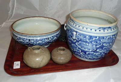 Lot 80 - 17th century Chinese blue and white bowl and jardiniere, two Sung pots and stand