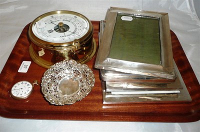 Lot 87 - Four silver mounted picture frames, pierced silver dish, Sewills aneroid barometer and a plated...