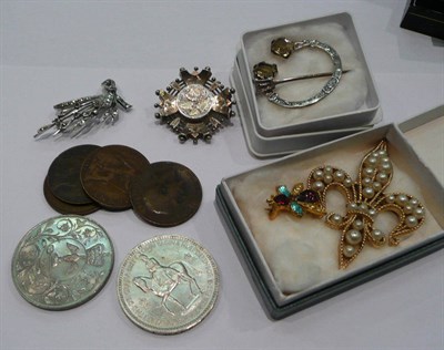 Lot 387 - A Scottish silver citrine set pin, a Victorian brooch, a Trifari fleur-de-lys brooch, a...