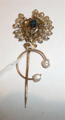 Lot 389 - Pearl, diamond and blue stone pin (a.f.)