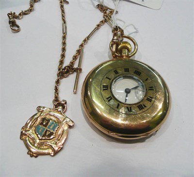 Lot 391 - 9ct gold half Hunter pocket watch and a 9ct gold fob chain and fob