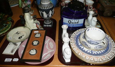 Lot 429 - Two trays of decorative ceramics including Wedgwood Jasperware, Minton sage figure, etc
