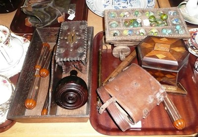 Lot 431 - A tray of mixed collectables including tea caddy, marbles, oak cutlery tray and a lignum vitae...
