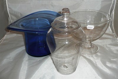 Lot 441 - Lidded glass jar, pestle bowl and a blue glass hat ice bucket