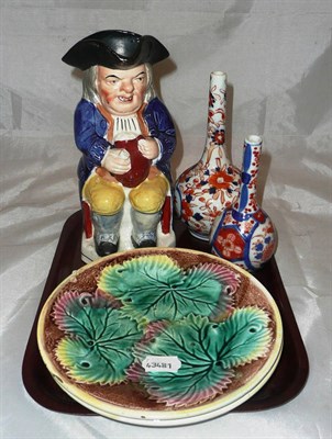 Lot 443 - Toby jug, pair of Majolica plates and two small Imari vases