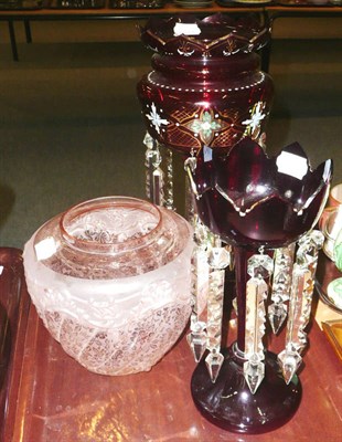 Lot 445 - Two ruby lustres and an oil lamp shade