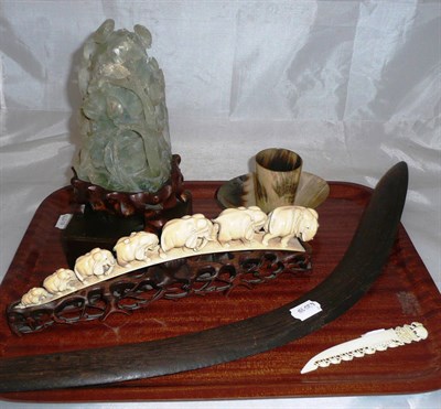 Lot 449 - Chinese quartz lamp (a.f.), ivory Indian elephant bridge, horn beacker and horn bowl, Indian letter