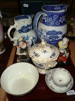Lot 453 - Two blue and white jugs, a Worcester floral bowl, two tea bowls and saucer, two 19th century...