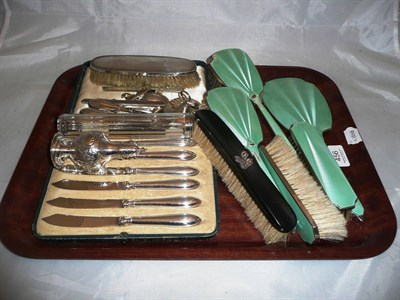 Lot 456 - A five piece silver an enamel dressing table set, assorted sundry silver, etc