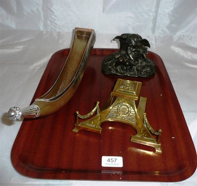 Lot 457 - Victorian brass ink stand, a spelter smoker's compendium and a white metal mounted horn