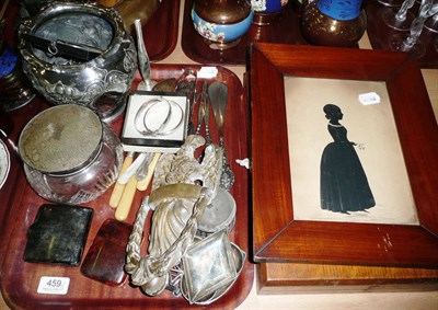 Lot 459 - Tray of silver and plated wares, a silhouette and an oak canteen of fish eaters