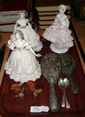 Lot 470 - Three ceramic Royal Worcester figures, two Beswick birds, silver mounted stick, small longcase...