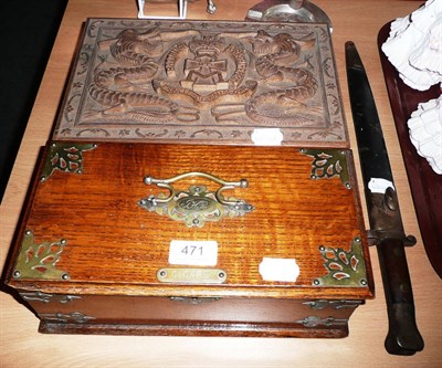 Lot 471 - Carved hardwood box dated 1875, oak cigar box and a bayonet