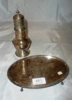 Lot 481 - A silver sugar castor of baluster form, Chester 1936 and a plated oval tray, with egg and dart...