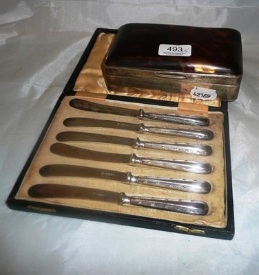 Lot 493 - Silver and synthetic tortoiseshell cigarette box and a set of six tea knives cased