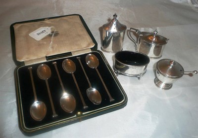 Lot 494 - A set of six silver teaspoons (cased), a silver condiment set and a silver mustard with spoon