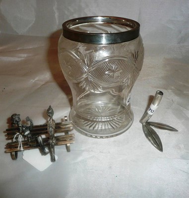 Lot 495 - Silver mounted glass jar, a Continental 800 standard place holder and continental white metal group