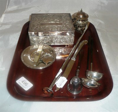 Lot 496 - Malaysian white metal box, white metal mustard, two sterling dishes, silver gin and wine label,...