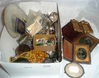 Lot 504 - A box of collectables including coins, mother of pearl pieces, photograph frames etc