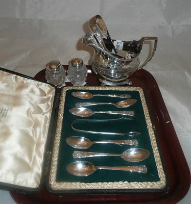 Lot 513 - A Georgian silver cream jug, cased spoons etc