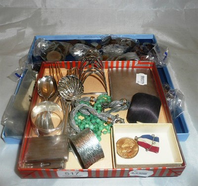 Lot 517 - Silver cigarette case, small silver toast rack, two silver forks, silver teaspoons, silver...