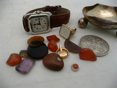 Lot 525 - Silver bonbon dish, a seal fob, a wristwatch, 1891 crown, various stones etc