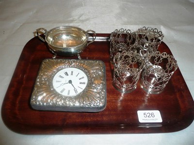 Lot 526 - Set of four silver filigree coffee can holders, silver twin handled sugar and a silver-mounted...