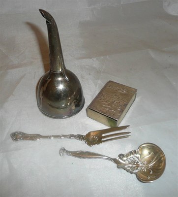 Lot 527 - Wine tasting funnel, a white metal matchbox and white metal spoon and fork