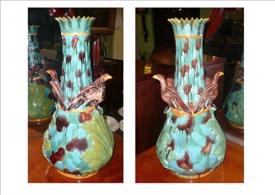 Lot 546 - Pair of Majolica bird handled vases (a.f.)