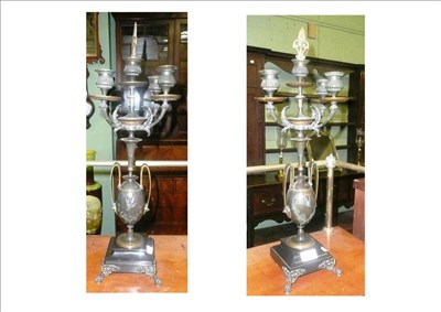 Lot 549 - Pair bronze and black slate candelabra