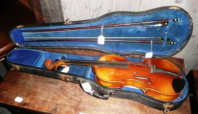 Lot 563 - Violin and two bows, cased