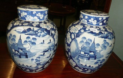 Lot 564 - A pair of Chinese blue and white porcelain ginger jars, with covers (perhaps associated) in 'Prunus