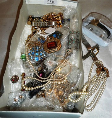 Lot 578 - Box of costume jewellery including wristwatches, cased brooches and simulated pearls