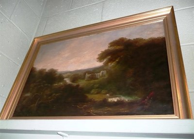 Lot 588 - 19th century, English School, oil on canvas, a wooded landscape with a ruined abbey, possibly...