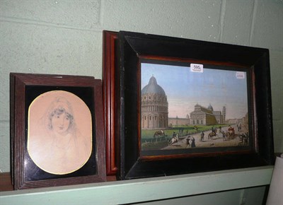 Lot 595 - An engraving of Pisa in black and gilt frame, two pencil portraits of a boy and a young woman...