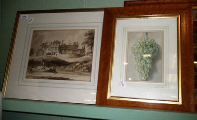 Lot 596 - Pen and ink of figures on a barge, inscribed D Cox and a watercolour of a bunch of grapes