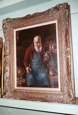 Lot 599 - Pap (School of Hermann Armin Kern, Hungarian) - Interior of a wine cellar with man drinking, oil on