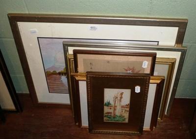 Lot 603 - Three watercolours of boats and four other pictures
