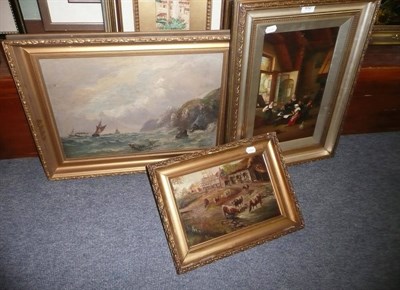 Lot 632 - Three oil paintings - Shipwreck, farm scene and a cottage interior
