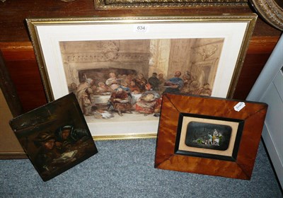 Lot 634 - A watercolour of an interior scene, an oil on panel depicting two tax gatherers and a print on...