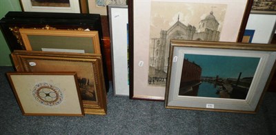 Lot 636 - Oil on board of a night canal scene and other pictures and prints and two picture frames