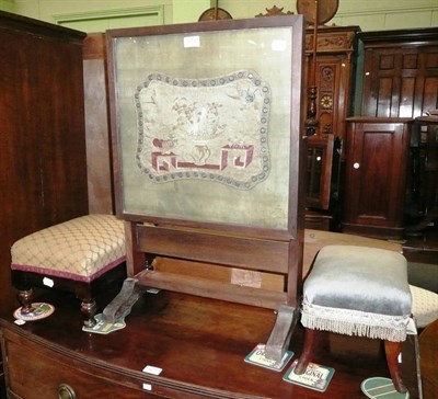 Lot 673 - Upholstered footstool (converted), two small footstools and folding table with embroidered insert