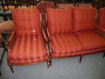 Lot 716 - Mahogany double cane three piece burgere suite